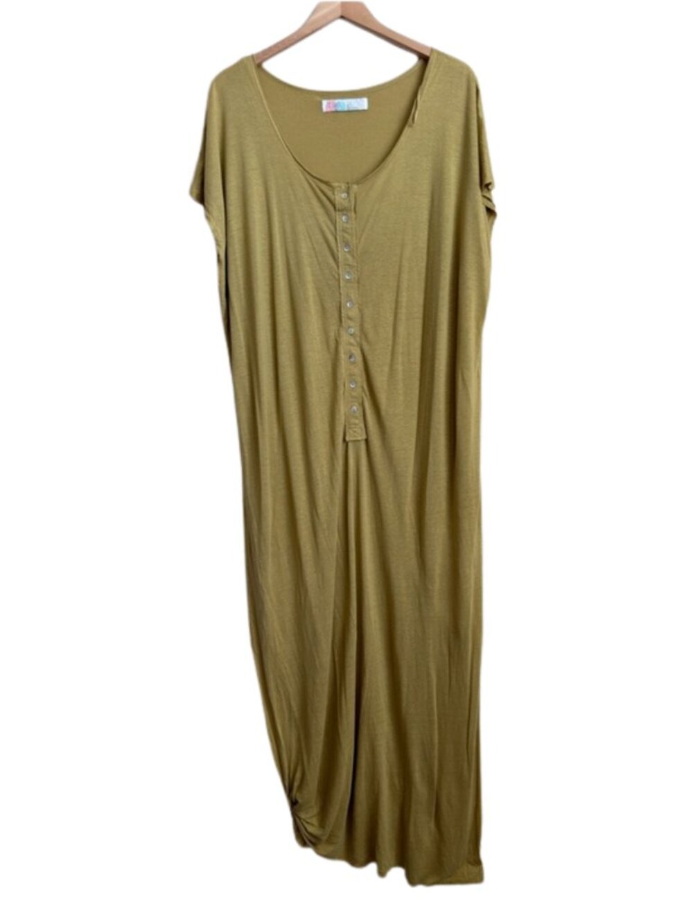 Free People FP Beach Henley Maxi Dress S/M Olive Linen Blend Side Slit Boho Soft